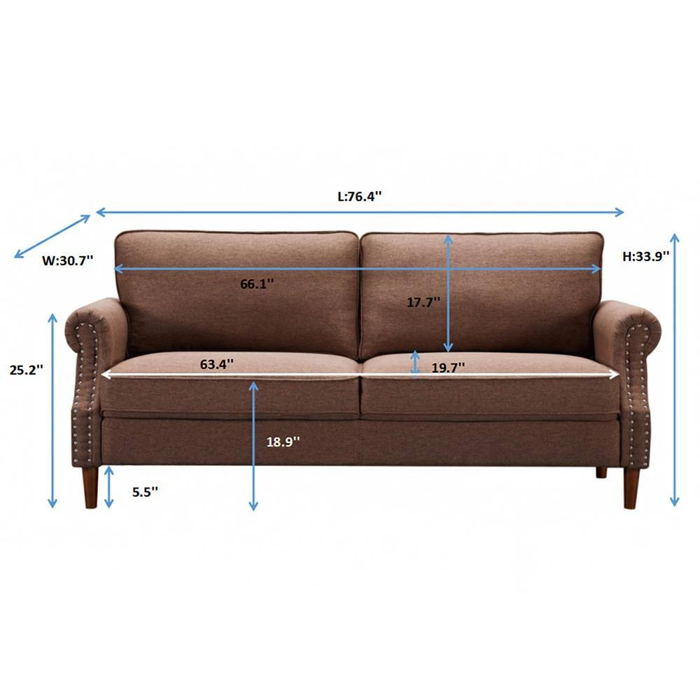 76.4 in. W Round Arm Linen Contemporary Straight 3-Seat Upholstered Sofa in Brown by KINWELL 8 76.4 in. W Round Arm Linen Contemporary Straight 3-Seat Upholstered Sofa in Brown by KINWELL - Image 8