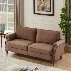76.4 in. W Round Arm Linen Contemporary Straight 3-Seat Upholstered Sofa in Brown by KINWELL 17 76.4 in. W Round Arm Linen Contemporary Straight 3-Seat Upholstered Sofa in Brown by KINWELL -Twin Star Home Sales Store 3 seater brown kinwell sofas couches xq30805922 3pbr 31 1000