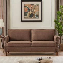 76.4 in. W Round Arm Linen Contemporary Straight 3-Seat Upholstered Sofa in Brown by KINWELL