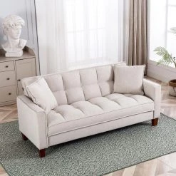 70 in. Wide Tufted Square Arm Polyester Fabric Mid-Century Modern Straight 2-Seater Sofa in Beige by KINWELL -Twin Star Home Sales Store beige kinwell sofas couches bsc091 bg 1d 1000