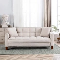70 in. Wide Tufted Square Arm Polyester Fabric Mid-Century Modern Straight 2-Seater Sofa in Beige by KINWELL -Twin Star Home Sales Store beige kinwell sofas couches bsc091 bg 31 1000