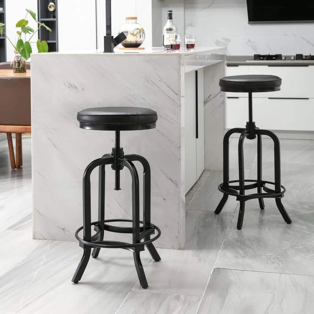 26 in. to 33 in. Black Height Adjustable Swivel Upholstered Bar Stool (Set of 2) by KINWELL 1 26 in. to 33 in. Black Height Adjustable Swivel Upholstered Bar Stool (Set of 2) by KINWELL