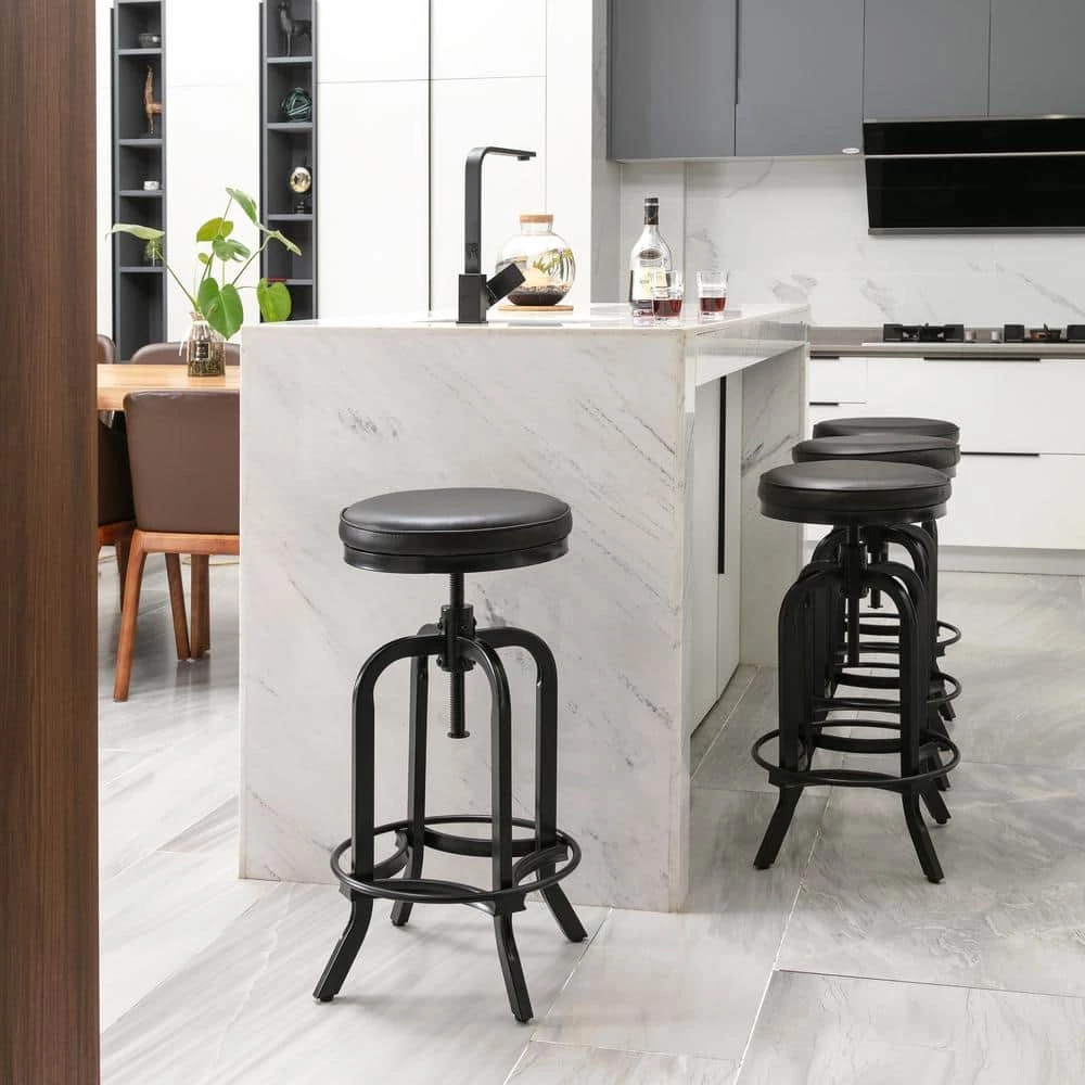 26 in. to 33 in. Black Height Adjustable Swivel Upholstered Bar Stool (Set of 2) by KINWELL 4 26 in. to 33 in. Black Height Adjustable Swivel Upholstered Bar Stool (Set of 2) by KINWELL - Image 4