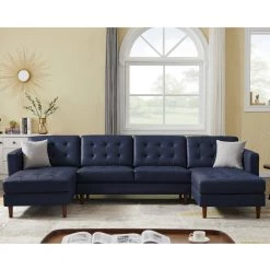 122 in. W Square Arm 3-Piece Faux Leather 6-Seater U Shaped Modern Chaise Sectional Sofa with Pillows in Blue by KINWELL -Twin Star Home Sales Store blue kinwell sectional sofas hx2051blue 31 1000