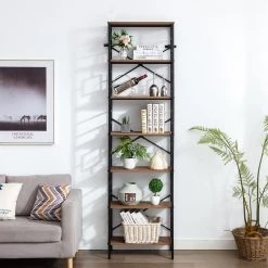 23.6 in. W Brown Wood 7-Shelf Etagere Wall Mount Bookcase with Open Back by KINWELL -Twin Star Home Sales Store brown kinwell bookcases bookshelves bsc084 7dbs 1 1f 1000