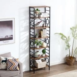 23.6 in. W Brown Wood 7-Shelf Etagere Wall Mount Bookcase with Open Back by KINWELL -Twin Star Home Sales Store brown kinwell bookcases bookshelves bsc084 7dbs 1 31 1000