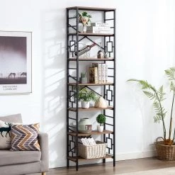23.6 in. W Brown Wood 7-Shelf Etagere Wall Mount Bookcase with Open Back by KINWELL