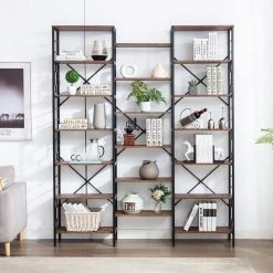 68.3 in. W Brown Wood 7-Shelf Etagere Wall Mount Bookcase with Open Back by KINWELL