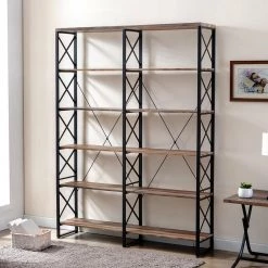 80 in. Brown Vintage Wood 6-Shelf Etagere Bookcase with Black Metal Frame by KINWELL -Twin Star Home Sales Store brown kinwell bookcases bookshelves mdbs006a 1d 1000