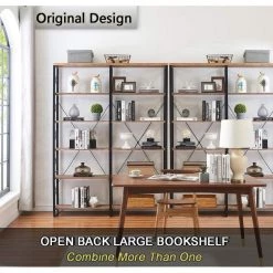 80 in. Brown Vintage Wood 6-Shelf Etagere Bookcase with Black Metal Frame by KINWELL -Twin Star Home Sales Store brown kinwell bookcases bookshelves mdbs006a 1f 1000