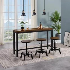 4-Piece Rectangle Brown Wood Top Bar Table Set 3 Seats by KINWELL