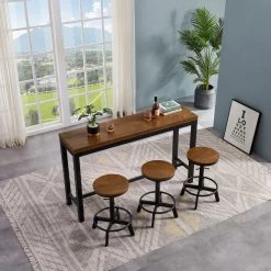 4-Piece Rectangle Brown Wood Top Bar Table Set 3 Seats by KINWELL -Twin Star Home Sales Store brown kinwell dining room sets bsc082 bt 76 1000