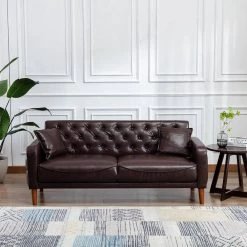 78 in. Wide Square Arm Faux Leather Mid-Century Modern Straight Tufted Sofa with Pillows in Brown by KINWELL -Twin Star Home Sales Store brown kinwell sofas couches hx2047bn 31 1000