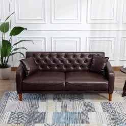 78 in. Wide Square Arm Faux Leather Mid-Century Modern Straight Tufted Sofa with Pillows in Brown by KINWELL -Twin Star Home Sales Store brown kinwell sofas couches hx2047bn 4f 1000