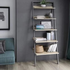 80 in. Autumn Driftwood Wood 5 -Shelf Leaning Bookcase Open Back by Twin Star Home -Twin Star Home Sales Store driftwood twin star home bookcases bookshelves bk490 tpd04 31 1000