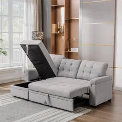 Nathalia 86 in. Wide 1-Piece Linen Reversible Sleeper Sectional Sofa in Gray by KINWELL -Twin Star Home Sales Store gray kinwell sectional sofas mhx01gy 1f 1000