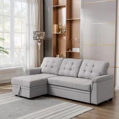 Nathalia 86 in. Wide 1-Piece Linen Reversible Sleeper Sectional Sofa in Gray by KINWELL -Twin Star Home Sales Store gray kinwell sectional sofas mhx01gy 31 1000