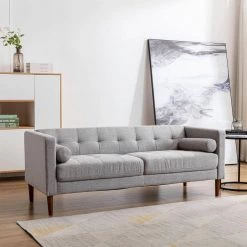 73.2 in. W Square Arm Polyester Tufted 3-Seater Chesterfield Straight Sofa with Throw Pillows in Gray by KINWELL