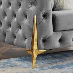 85.4 in. W Modern Square Arm Chesterfield Tufted Upholstered Velvet Fabric 3 Seater Straight Sofa with Metal Leg in Gray by KINWELL -Twin Star Home Sales Store gray kinwell sofas couches hx8111 03gy 1d 1000