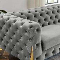 85.4 in. W Modern Square Arm Chesterfield Tufted Upholstered Velvet Fabric 3 Seater Straight Sofa with Metal Leg in Gray by KINWELL -Twin Star Home Sales Store gray kinwell sofas couches hx8111 03gy 1f 1000