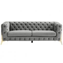 85.4 in. W Modern Square Arm Chesterfield Tufted Upholstered Velvet Fabric 3 Seater Straight Sofa with Metal Leg in Gray by KINWELL -Twin Star Home Sales Store gray kinwell sofas couches hx8111 03gy 4f 1000