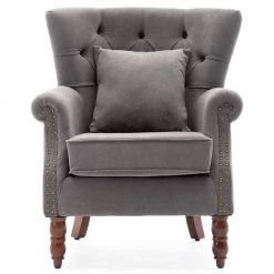 Grey Modern Upholstered Accent Armchair Button-Tufted Nailhead Trim Wingback Chair by KINWELL