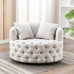 40.5 in. W Greyish White Tufted Linen Swivel Barrel Chair by KINWELL 19 40.5 in. W Greyish White Tufted Linen Swivel Barrel Chair by KINWELL -Twin Star Home Sales Store greyish white kinwell accent chairs wfhfsn 189 zh w 31 1000