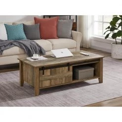 47 in. Light Brown Rectangle Wood Coffee Table with Storage by KINWELL