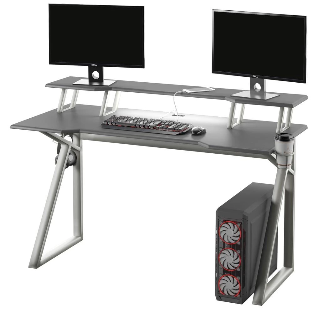 56 in. Metallic Gray Gaming Computer Desk with USB Charging Ports by Twin Star Home 4 56 in. Metallic Gray Gaming Computer Desk with USB Charging Ports by Twin Star Home - Image 4