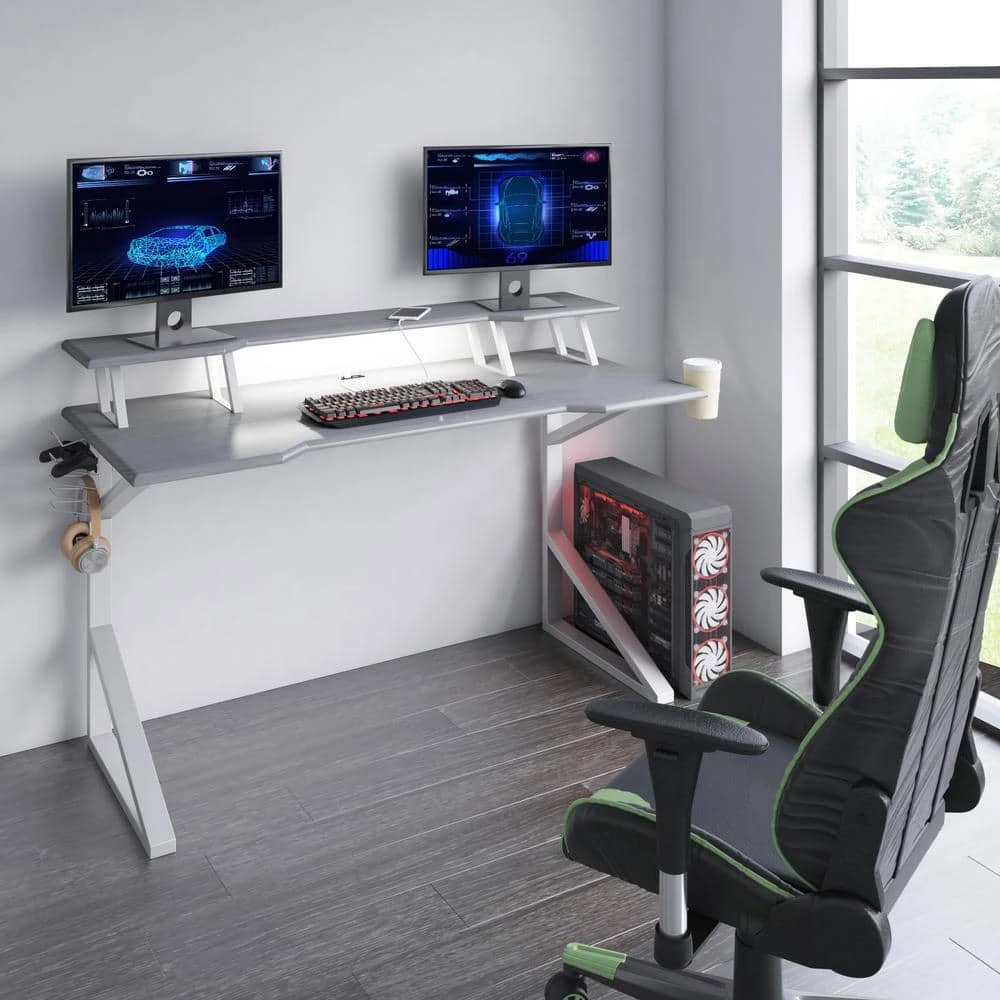 56 in. Metallic Gray Gaming Computer Desk with USB Charging Ports by Twin Star Home 13 56 in. Metallic Gray Gaming Computer Desk with USB Charging Ports by Twin Star Home - Image 13