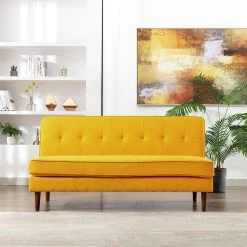 64.5 in. W Linen Armless 3-Seat Tufted Upholstery Mid-Century Modern Sofa in Mustard by KINWELL -Twin Star Home Sales Store mustard kinwell sofas couches hx2046ye 31 1000