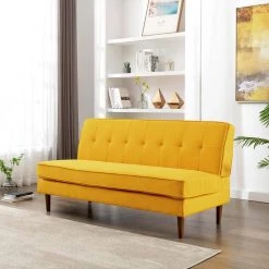 64.5 in. W Linen Armless 3-Seat Tufted Upholstery Mid-Century Modern Sofa in Mustard by KINWELL