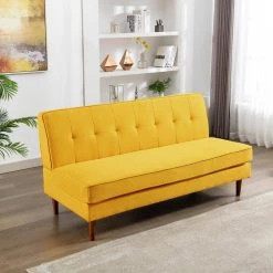 64.5 in. W Linen Armless 3-Seat Tufted Upholstery Mid-Century Modern Sofa in Mustard by KINWELL -Twin Star Home Sales Store mustard kinwell sofas couches hx2046ye c3 1000