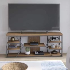 68 in. Natural Oak TV Stand with 6-Shelves Fits TV's up to 80 in. with Cable Management by Twin Star Home -Twin Star Home Sales Store natural walnut twin star home tv stands tc68 6931 pw72 fa 1000