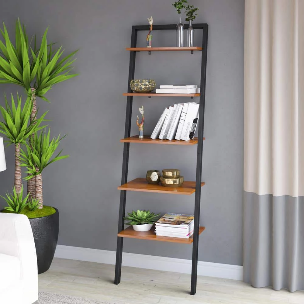 70 in. North Brown Wood 5-Shelf Leaning Bookcase Open Back by Twin Star Home 12 70 in. North Brown Wood 5-Shelf Leaning Bookcase Open Back by Twin Star Home - Image 12