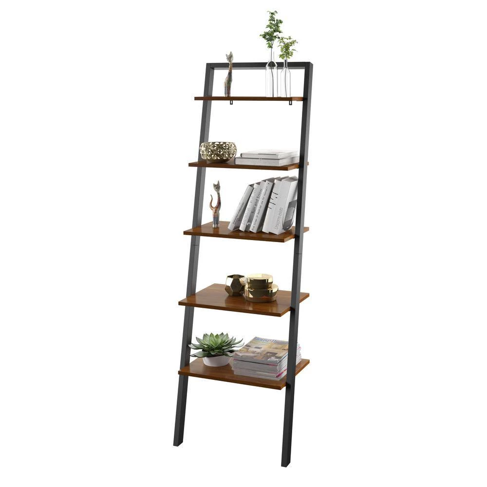70 in. North Brown Wood 5-Shelf Leaning Bookcase Open Back by Twin Star Home 11 70 in. North Brown Wood 5-Shelf Leaning Bookcase Open Back by Twin Star Home - Image 11