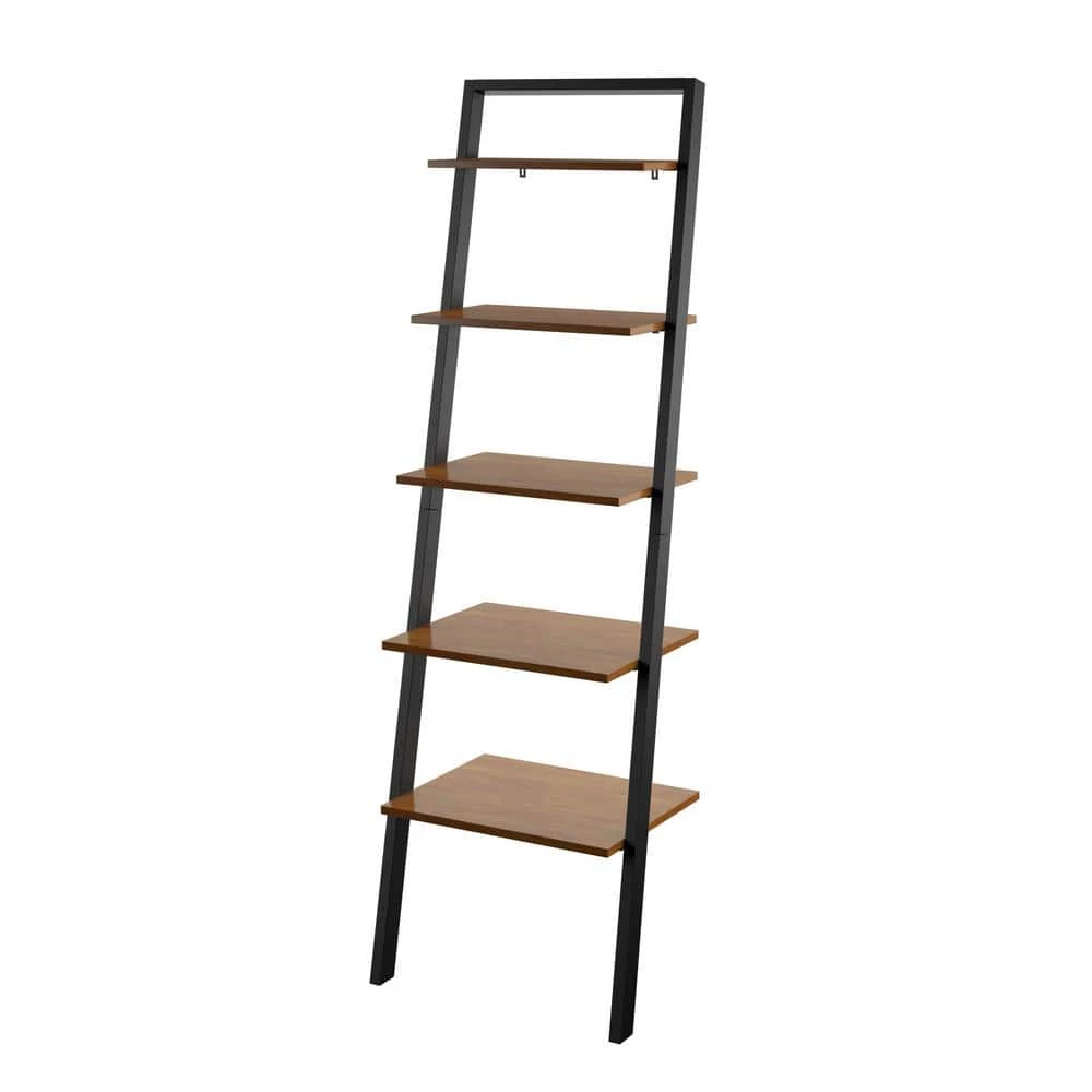 70 in. North Brown Wood 5-Shelf Leaning Bookcase Open Back by Twin Star Home 2 70 in. North Brown Wood 5-Shelf Leaning Bookcase Open Back by Twin Star Home - Image 2