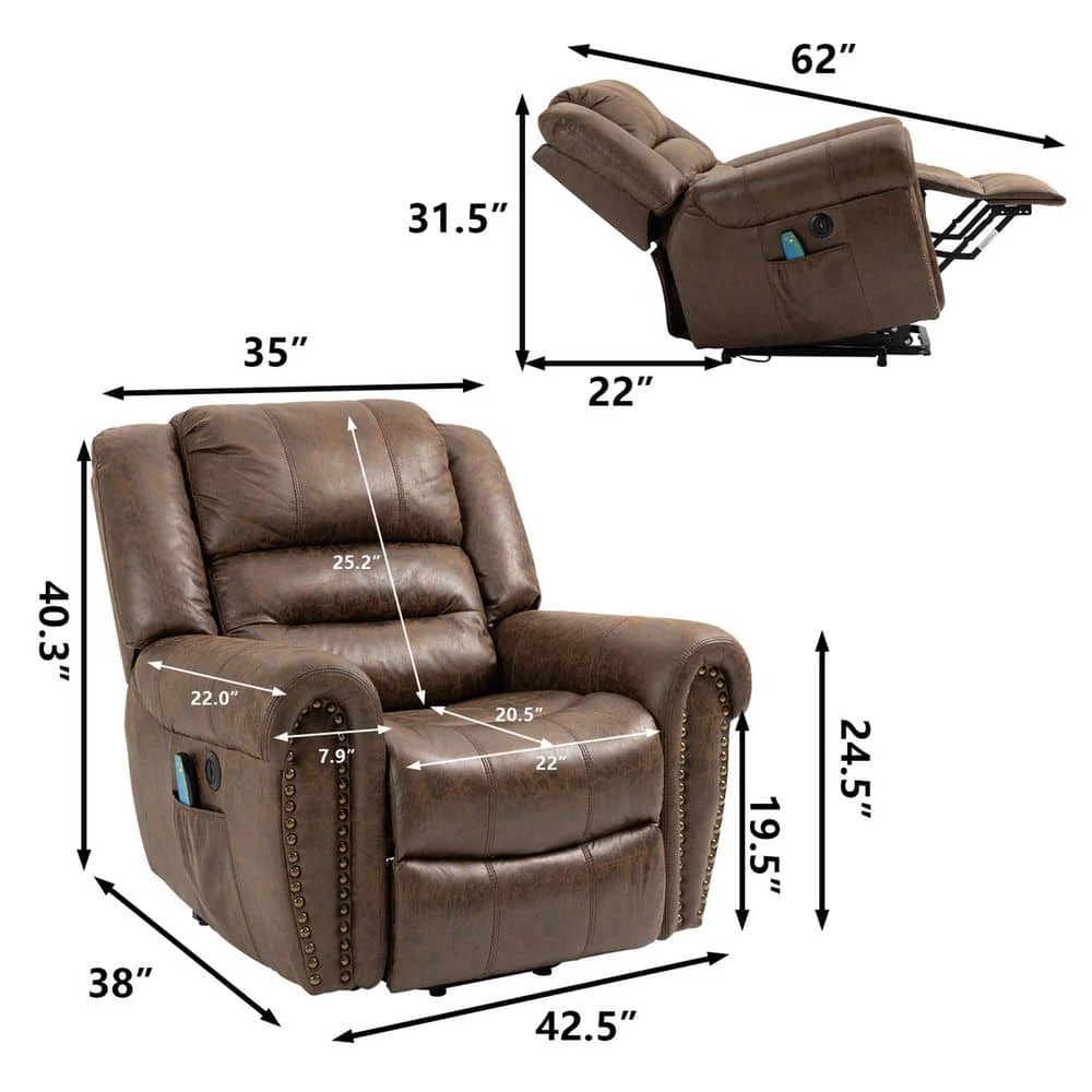 Nut Brown Faux Leather Power Electric Lift Massage Heating Recliner with Nailhead Trim by KINWELL 3 Nut Brown Faux Leather Power Electric Lift Massage Heating Recliner with Nailhead Trim by KINWELL - Image 3