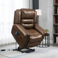 Nut Brown Faux Leather Power Electric Lift Massage Heating Recliner with Nailhead Trim by KINWELL