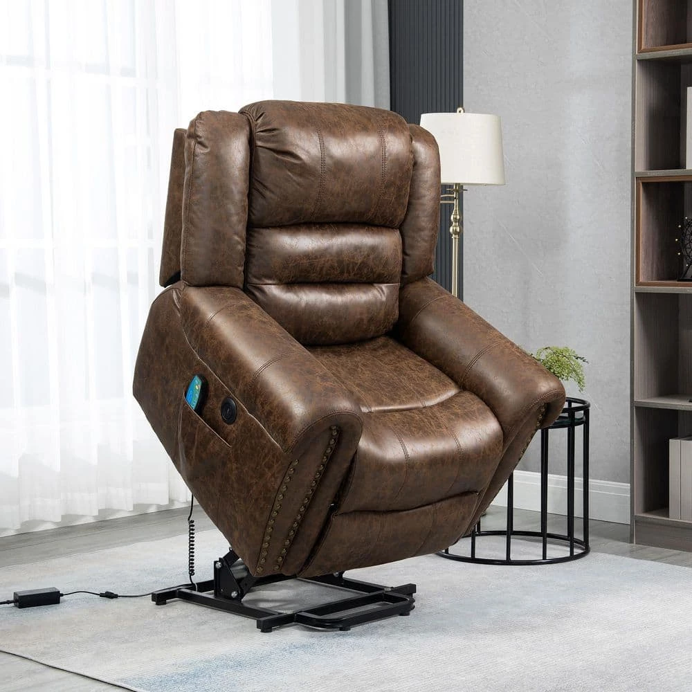 Nut Brown Faux Leather Power Electric Lift Massage Heating Recliner with Nailhead Trim by KINWELL 1 Nut Brown Faux Leather Power Electric Lift Massage Heating Recliner with Nailhead Trim by KINWELL