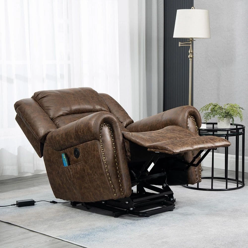 Nut Brown Faux Leather Power Electric Lift Massage Heating Recliner with Nailhead Trim by KINWELL 2 Nut Brown Faux Leather Power Electric Lift Massage Heating Recliner with Nailhead Trim by KINWELL - Image 2
