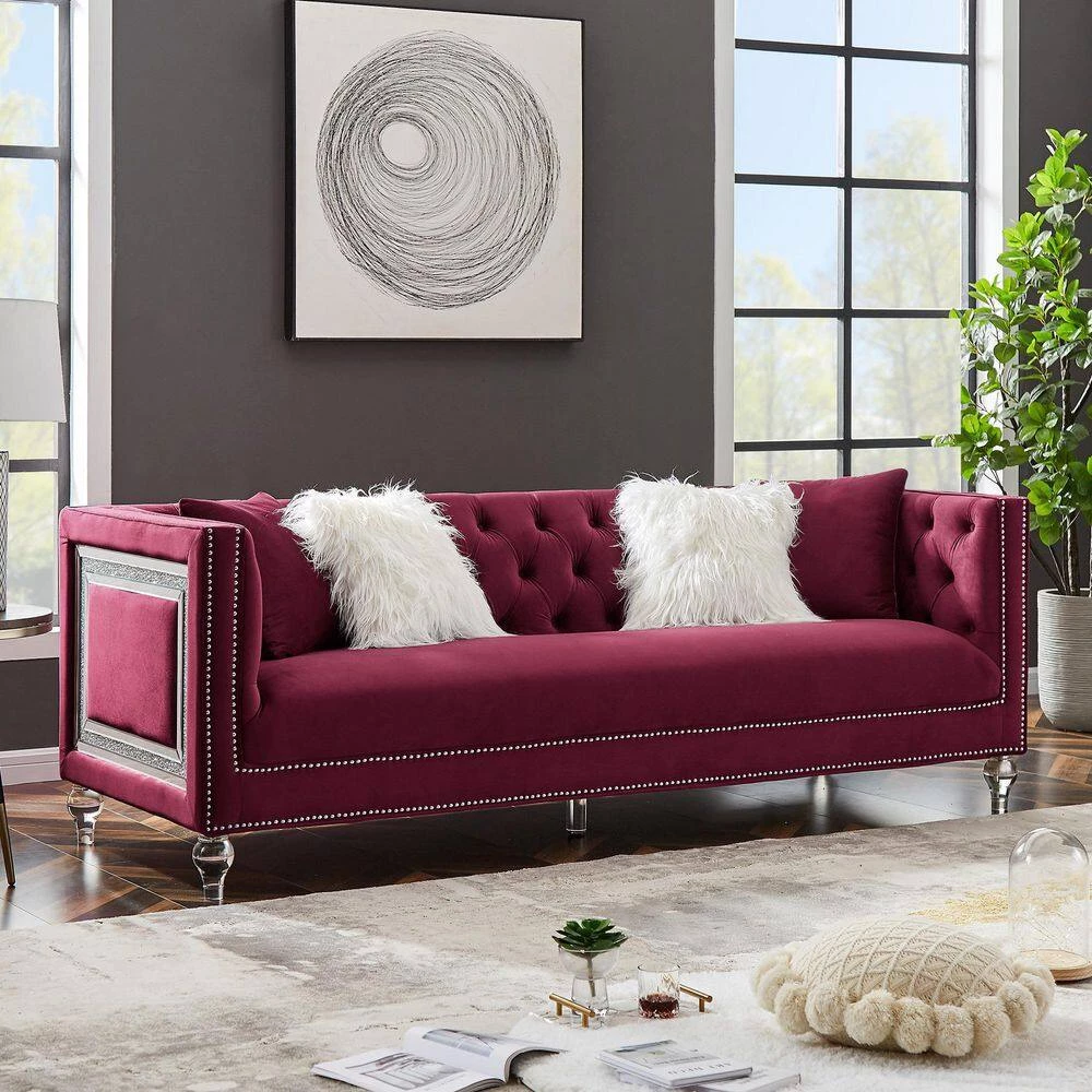 89 in. W Modern Chesterfield Tufted Square Arm Upholstered Velvet Fabric 3 Seater Nailhead Trim Straight Sofa in Red by KINWELL 9 89 in. W Modern Chesterfield Tufted Square Arm Upholstered Velvet Fabric 3 Seater Nailhead Trim Straight Sofa in Red by KINWELL - Image 9