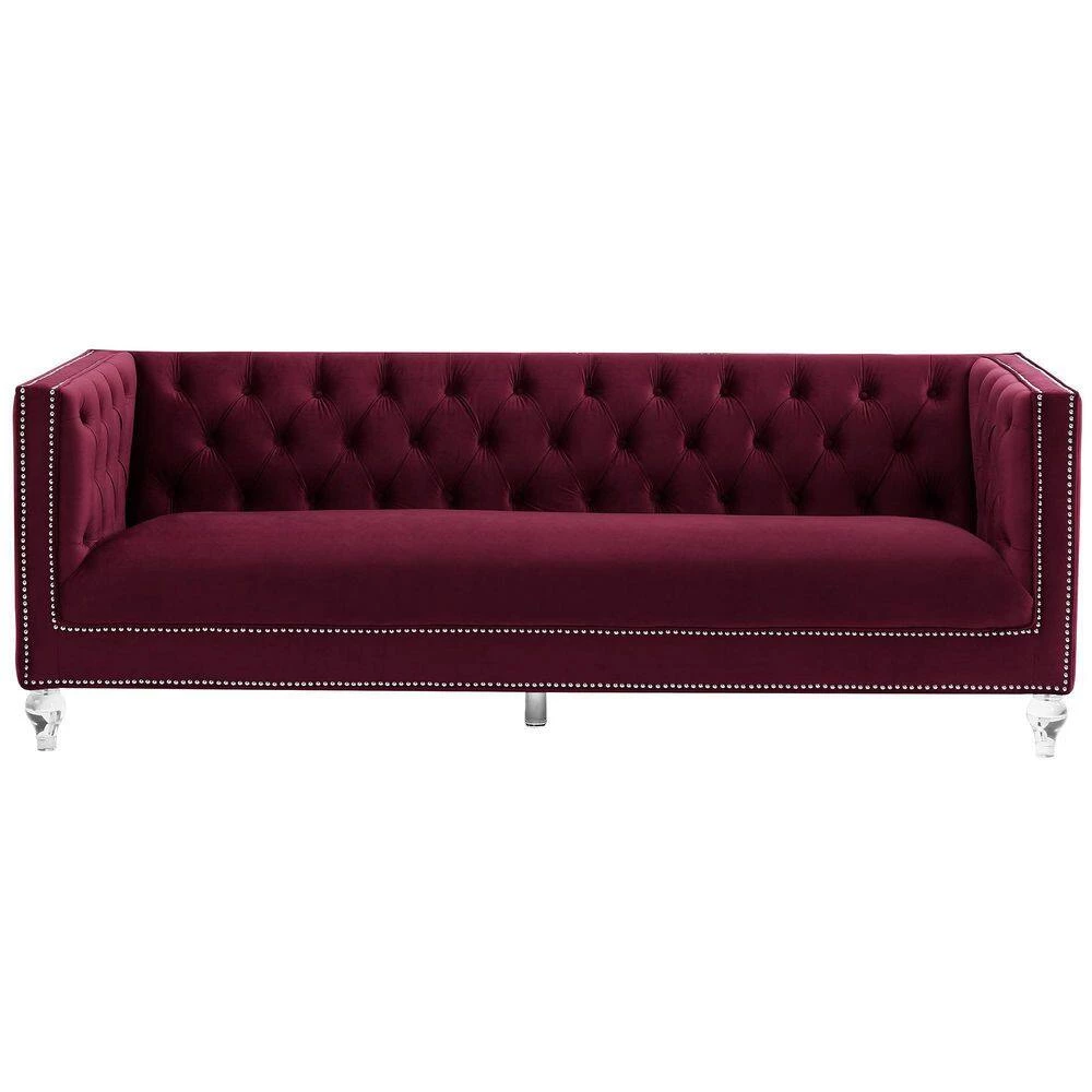 89 in. W Modern Chesterfield Tufted Square Arm Upholstered Velvet Fabric 3 Seater Nailhead Trim Straight Sofa in Red by KINWELL 8 89 in. W Modern Chesterfield Tufted Square Arm Upholstered Velvet Fabric 3 Seater Nailhead Trim Straight Sofa in Red by KINWELL - Image 8