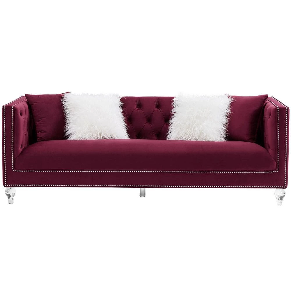 89 in. W Modern Chesterfield Tufted Square Arm Upholstered Velvet Fabric 3 Seater Nailhead Trim Straight Sofa in Red by KINWELL 1 89 in. W Modern Chesterfield Tufted Square Arm Upholstered Velvet Fabric 3 Seater Nailhead Trim Straight Sofa in Red by KINWELL