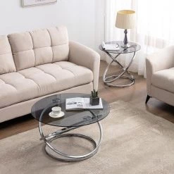 24 in. and 31 in. Silver Round Glass Modern Coffee Table and Side Table Set with 2-Pieces by KINWELL -Twin Star Home Sales Store silver kinwell coffee tables bsc078 681 40 1000