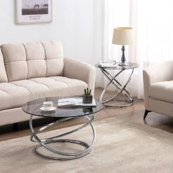 24 in. and 31 in. Silver Round Glass Modern Coffee Table and Side Table Set with 2-Pieces by KINWELL -Twin Star Home Sales Store silver kinwell coffee tables bsc078 681 77 1000