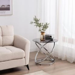 24 in. Silver Round Glass End Table by KINWELL -Twin Star Home Sales Store silver kinwell end side tables bsc078 6 76 1000