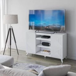 55.63 in. White TV Stand with Geometric Doors Fits TV's up to 60 in. with Adjustable Shelves by Twin Star Home -Twin Star Home Sales Store white twin star home tv stands tc56 6583 z975 31 1000