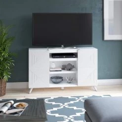 55.63 in. White TV Stand with Geometric Doors Fits TV's up to 60 in. with Adjustable Shelves by Twin Star Home -Twin Star Home Sales Store white twin star home tv stands tc56 6583 z975 76 1000