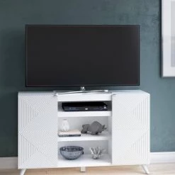 55.63 in. White TV Stand with Geometric Doors Fits TV's up to 60 in. with Adjustable Shelves by Twin Star Home -Twin Star Home Sales Store white twin star home tv stands tc56 6583 z975 fa 1000